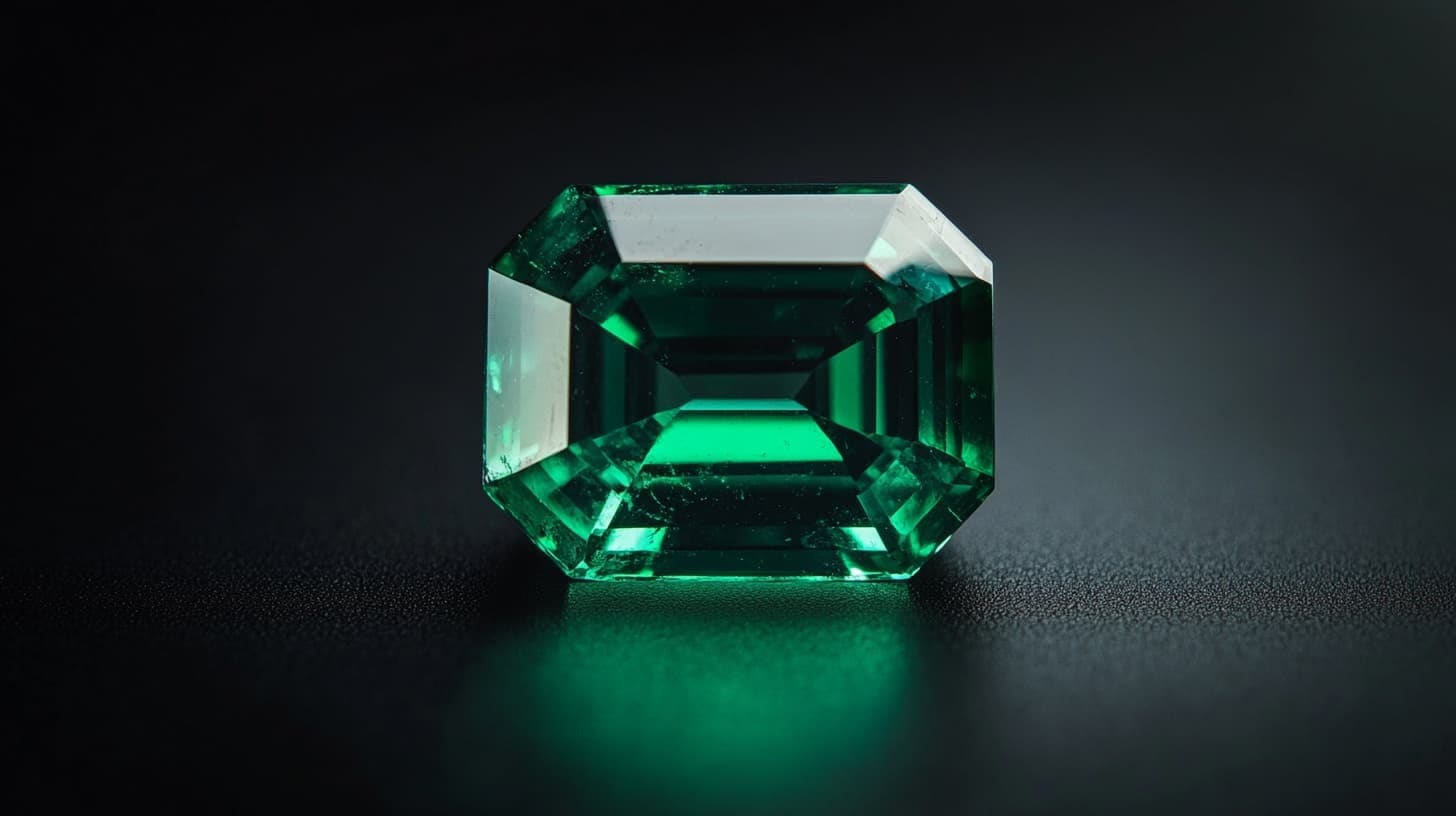 Emerald-cut Colombian emerald glowing green on a dark surface