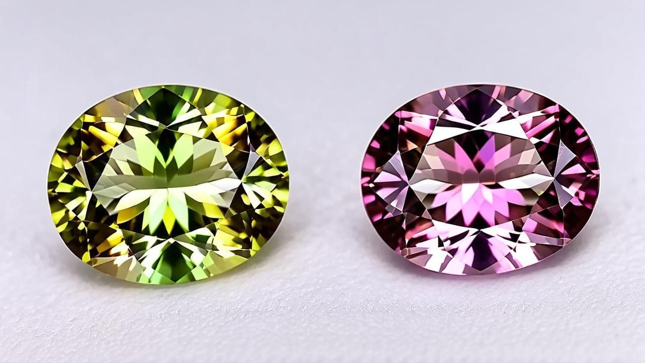 Two oval diaspore gems side by side, one green-gold and one pink
