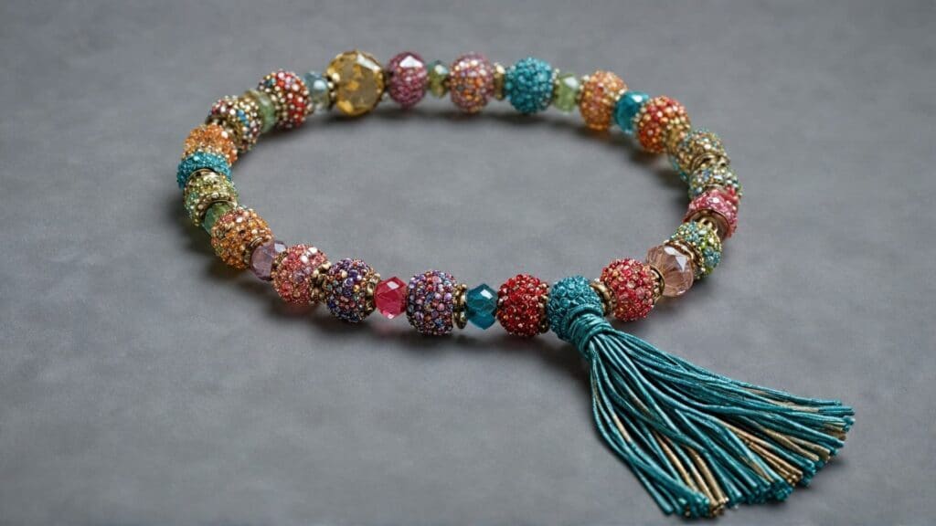A multicolored beaded bracelet with sparkling gemstones and a teal thread tassel charm, combining vibrant colors and textures for a statement jewelry piece.