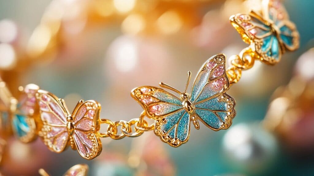Colorful butterfly charm bracelet with gold and enamel detailing, featuring vibrant butterfly designs.