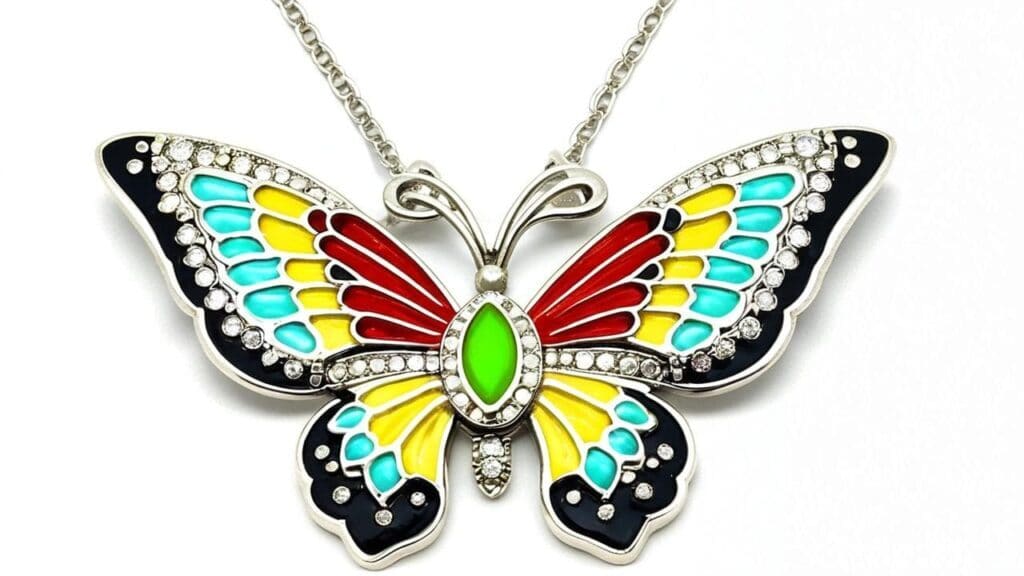 Silver butterfly pendant necklace with colorful enamel wings and rhinestone details, popular Y2K jewelry trend
