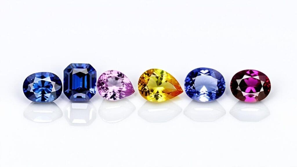 A collection of six diffusion-treated sapphires in blue, pink, yellow, and red shades, cut in different shapes including oval, pear, and emerald cut.