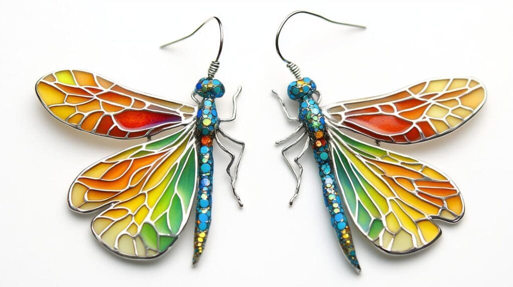 Vibrant dragonfly earrings with stained glass-inspired wings in orange, yellow, green, and blue hues, symbolizing transformation and creativity.