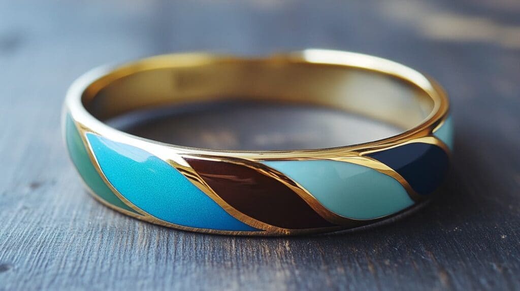 Gold enamel bangle with bold geometric patterns in turquoise, brown, and white