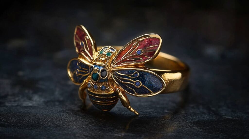 Statement gold ring with a vibrant enamel bee design, showcasing multicolored wings and gemstone accents, representing artistic craftsmanship and bee symbolism.