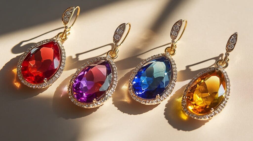 Four colorful gemstone earrings in gold settings, featuring red, purple, blue, and yellow stones.
