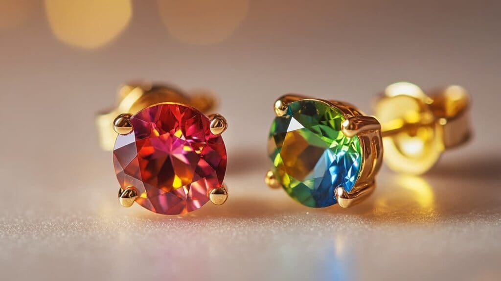 Vibrant gemstone stud earrings featuring multicolored stones in a gold setting
