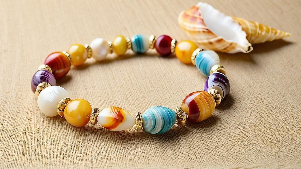 Hawaiian shell bracelet of colorful striped beads and gold spacers beside a conch shell