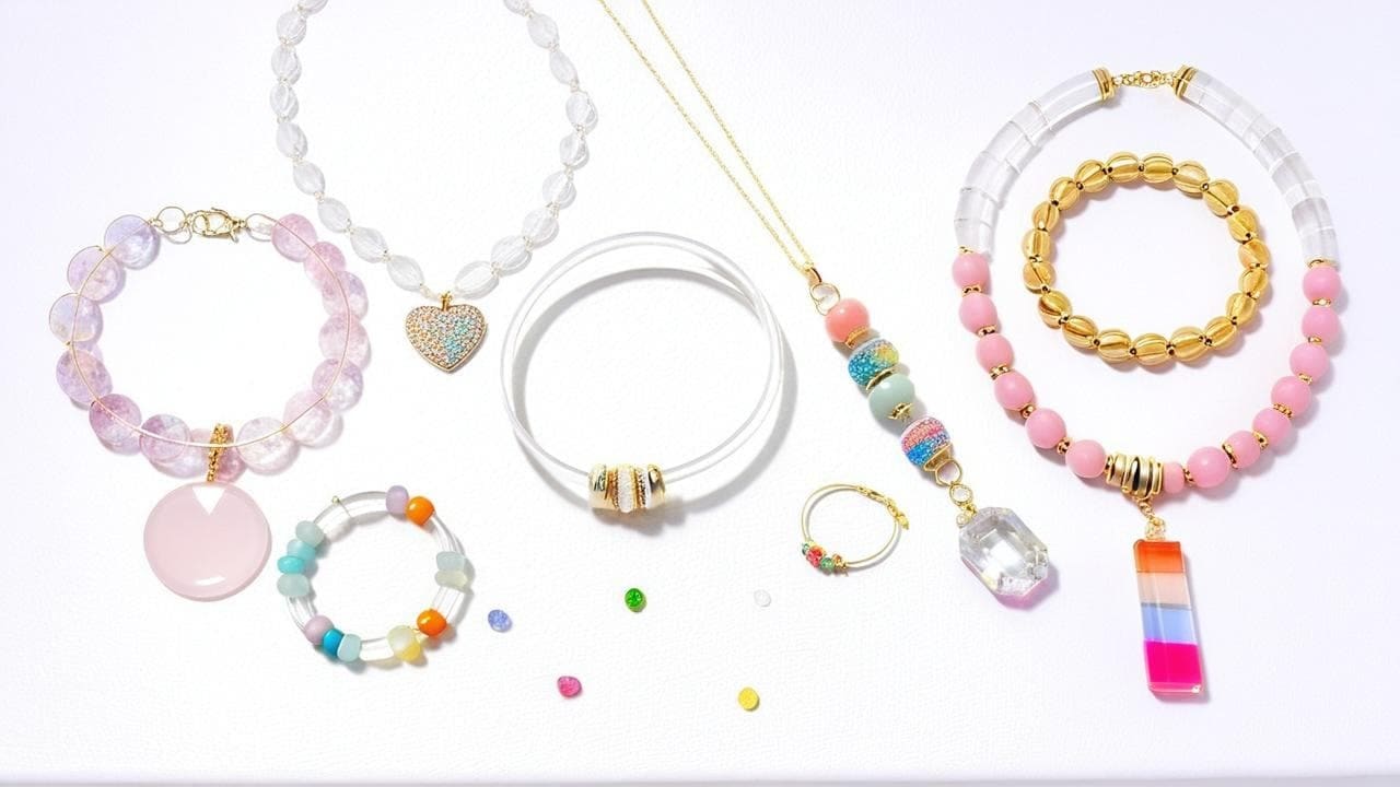Flatlay of colorful acrylic and resin bracelets, necklaces and beads