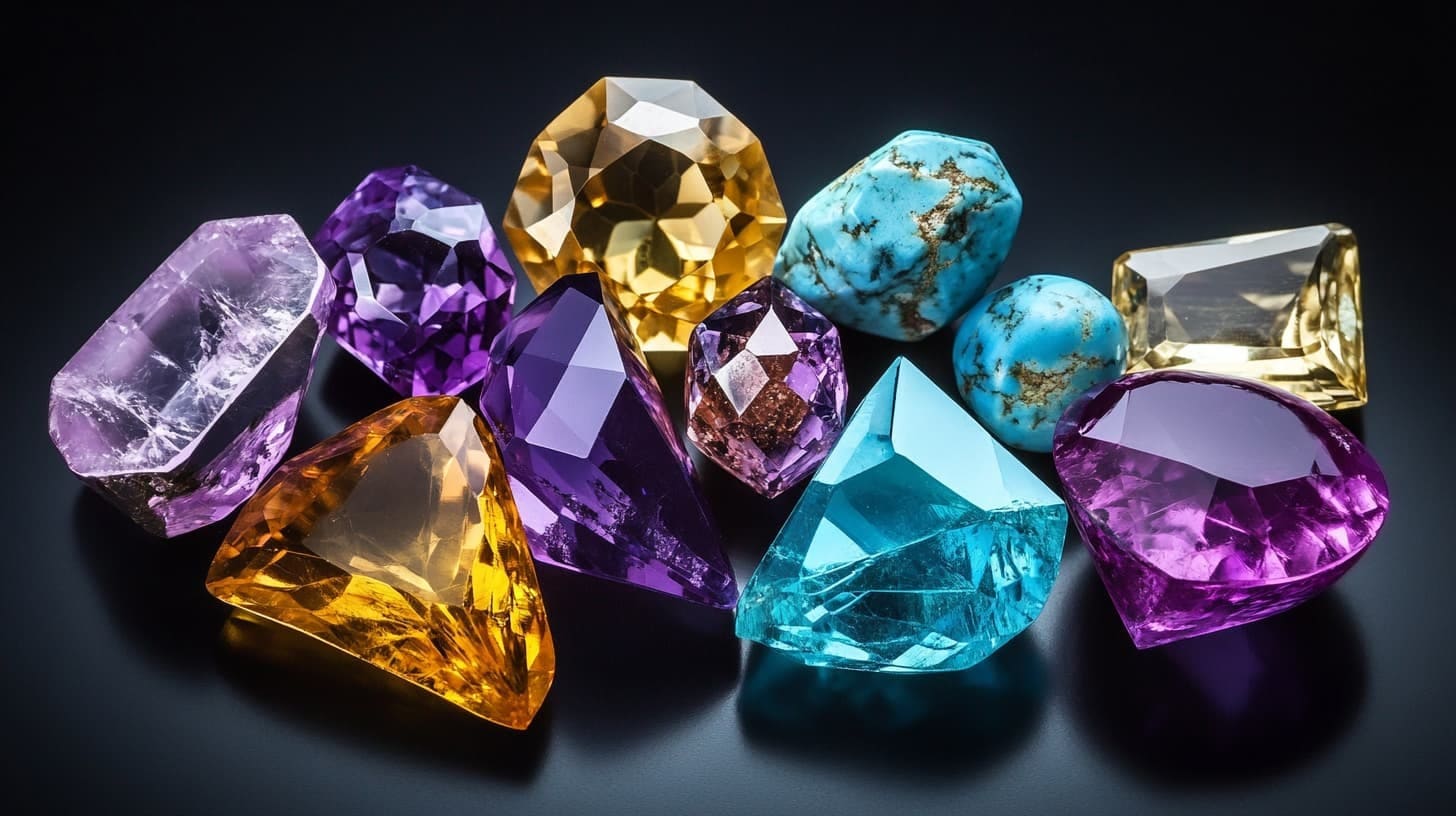 Cluster of amethyst, citrine, turquoise and topaz gemstones on dark grey