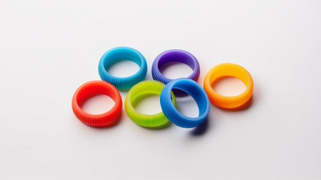 Six ribbed silicone rings in red, blue, green, purple and orange