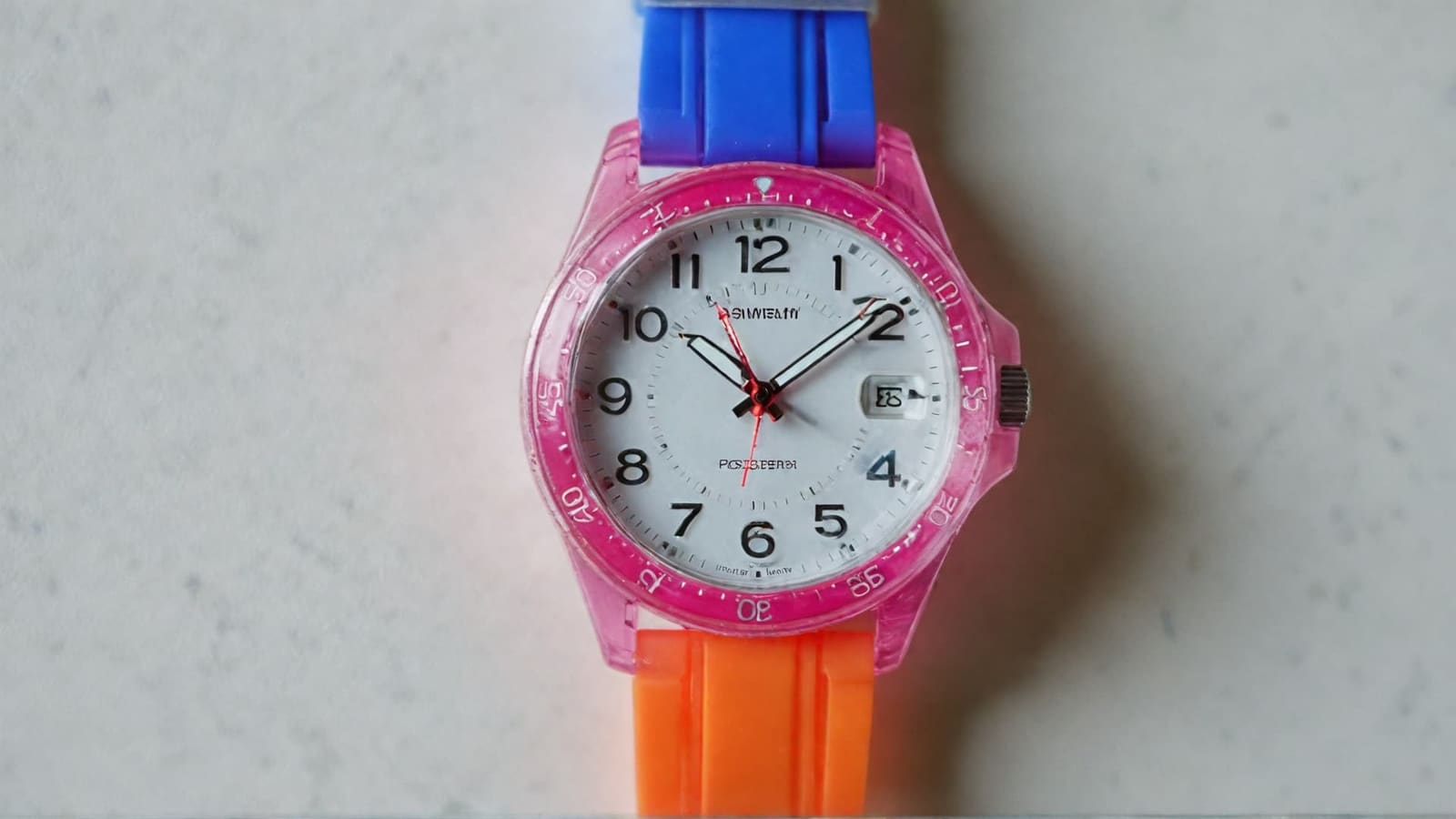 Kids analog sports watch with pink case, white dial and blue-orange rubber strap