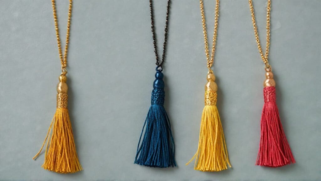 Four vibrant tassel necklaces in gold, blue, yellow, and red, each featuring a beaded chain and decorative accents, embodying a bohemian and artistic jewelry style.