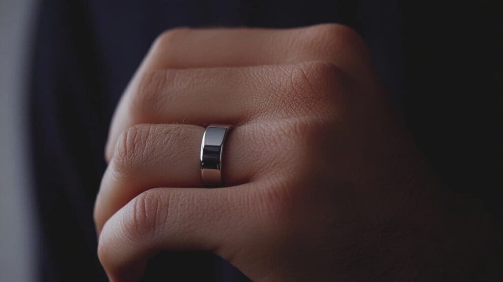 Close-up of a hand wearing a silver ring with a snug but comfortable fit, highlighting proper ring sizing.