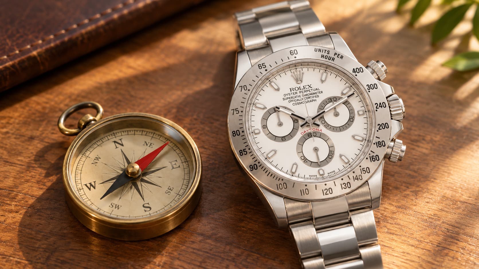Compass test used to check whether a Rolex Daytona is magnetized, with the needle tilting toward the watch