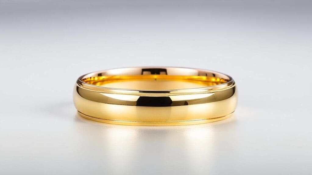 A polished conflict-free gold wedding band with a classic design, symbolizing ethical and sustainable jewelry choices.