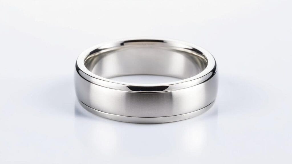 A stylish conflict-free platinum wedding band with a smooth finish, sourced from certified ethical mines.