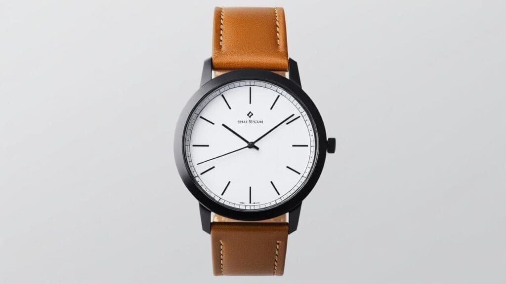 Contemporary Spanish watch with tan leather strap and minimalist white dial exemplifying Spanish watchmaking style and functionality
