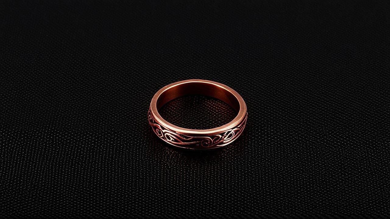 Copper-toned band engraved with swirling filigree on black fabric