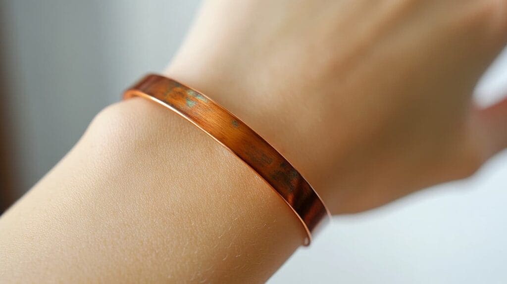 Copper bracelet with green patina on wrist, showing how copper jewelry can cause green skin stains.