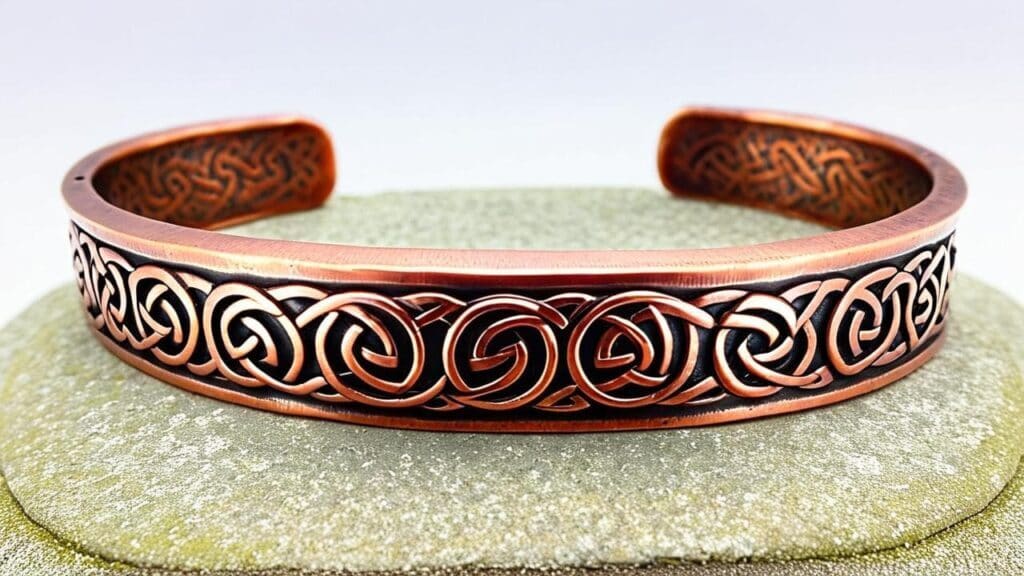 Handmade copper cuff bracelet adorned with intricate Celtic-inspired repoussé and chasing designs, highlighting traditional metalworking techniques.