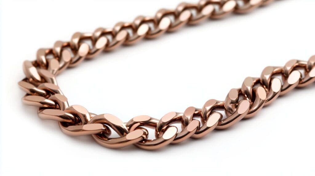 Close-up of a copper chain necklace with a bold, interlinked design and a high-polish finish. Ideal for a statement jewelry piece with a modern touch.