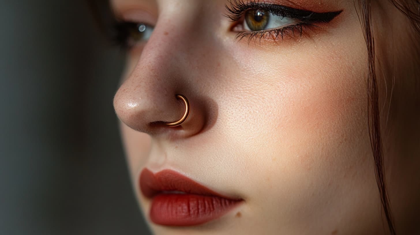 Close-up of a woman's face with a copper hoop nose ring