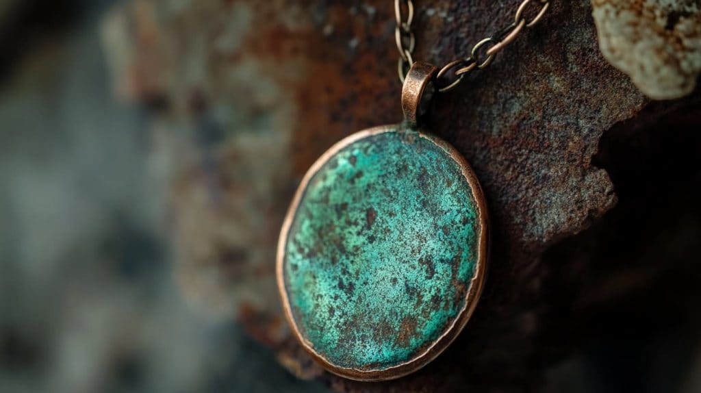 Copper pendant displaying a green patina, illustrating the natural oxidation process and artistic character of aged copper.