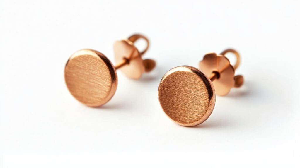 Pair of copper stud earrings with a brushed matte finish. A modern and elegant accessory for everyday wear.