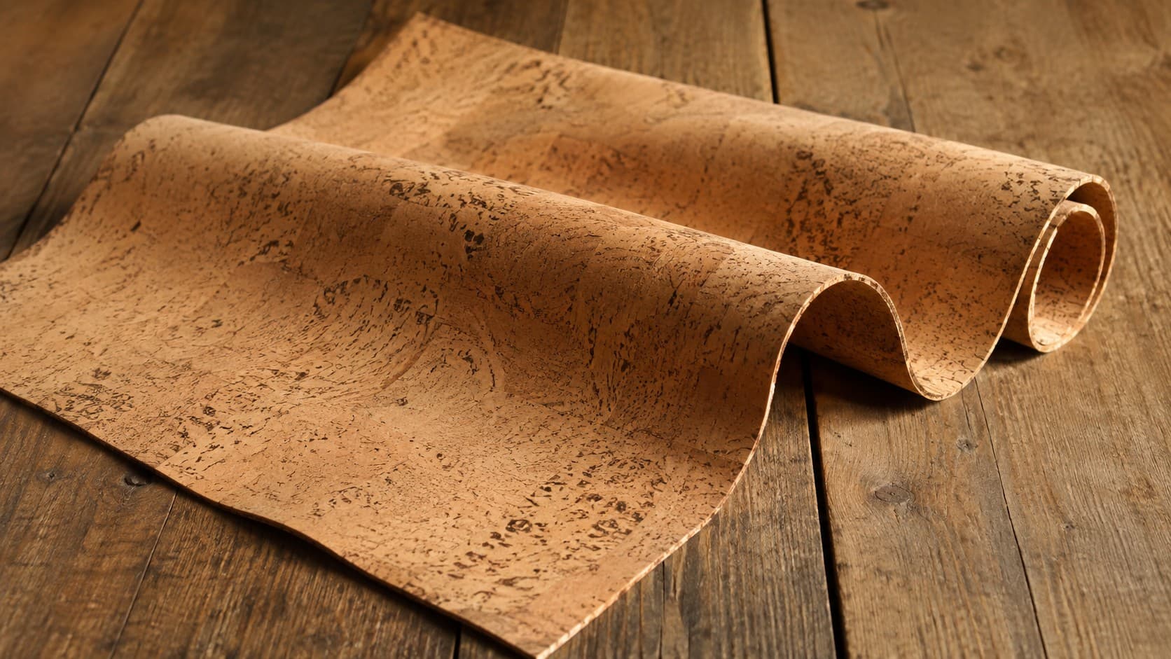 Rolled cork leather sheet on a wooden table