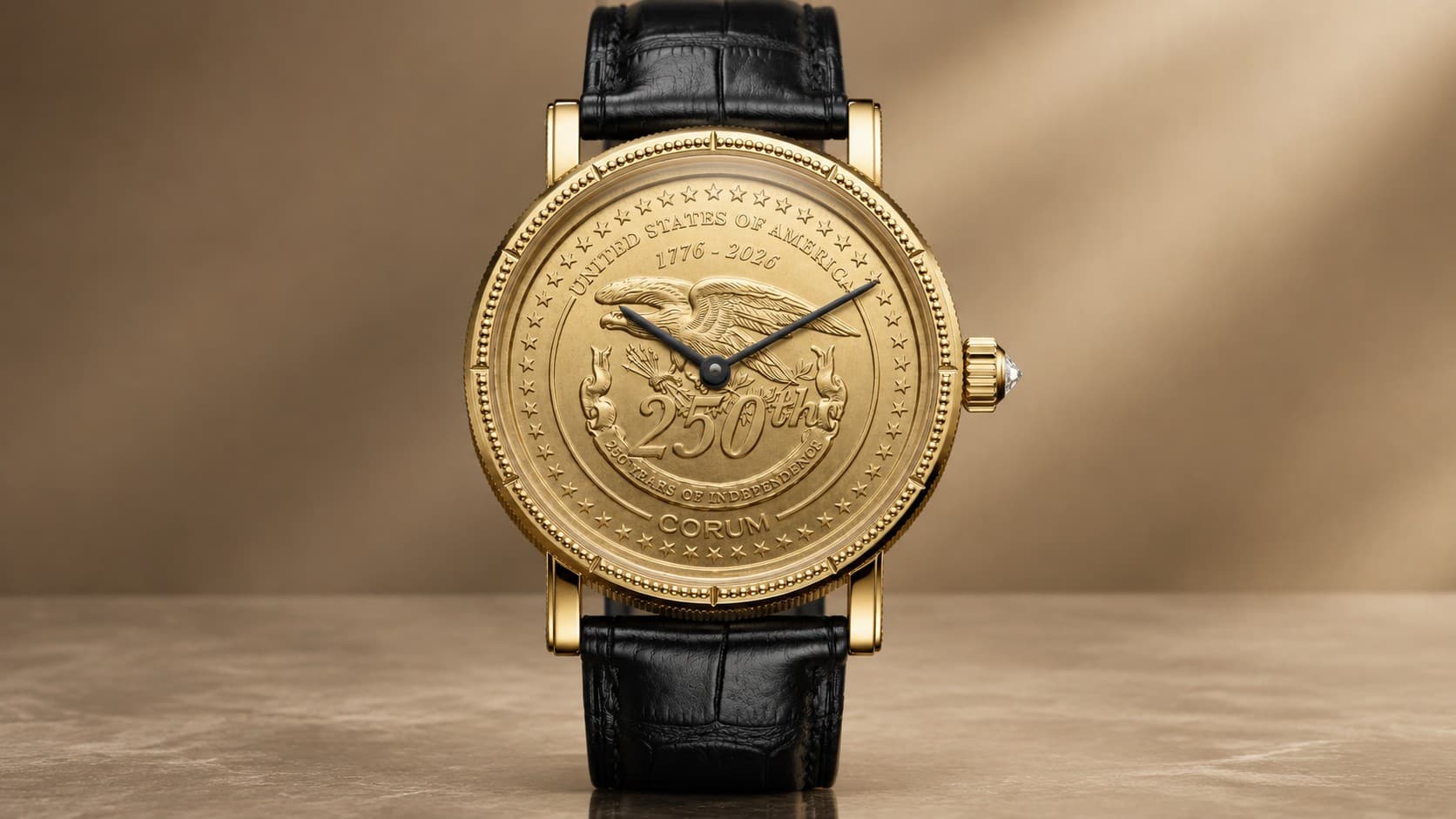 Corum Heritage Coin watch with 250th anniversary gold coin case and black leather strap