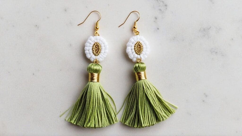 Green cotton tassel earrings with white cotton crochet details and gold accents