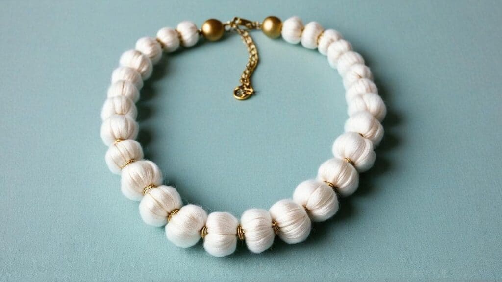 White cotton wrapped bead necklace with gold findings on turquoise background
