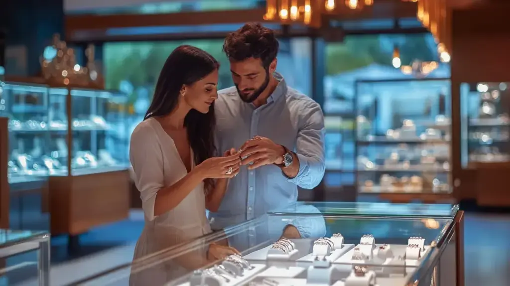 A couple shopping for an engagement ring in a jewelry store, carefully considering styles and budget options.