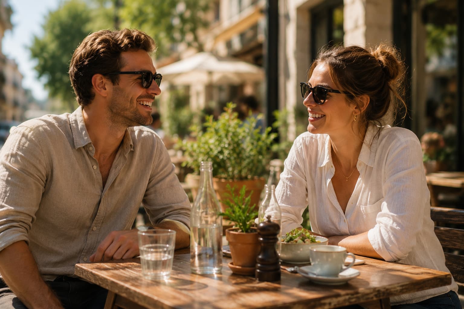 Man and woman both wearing sunglasses while talking and smiling at an outdoor café table