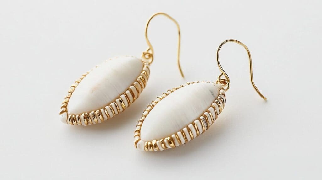 A pair of oval cowrie shell earrings wrapped in gold wire, with elegant hooks for a natural and sophisticated look.