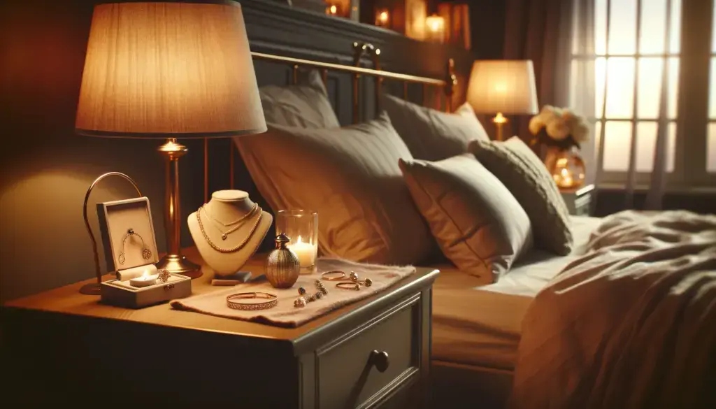 A cozy bedroom scene at dusk, with a nightstand displaying various elegant jewelry pieces, including a necklace, bracelet, and stud earrings.