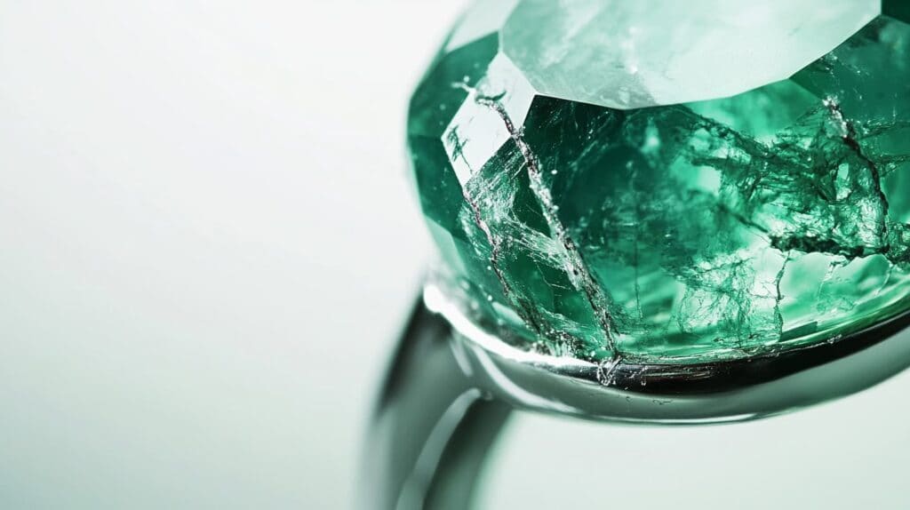Emerald ring with visible cracks, demonstrating damage caused by rapid temperature changes and improper handling.