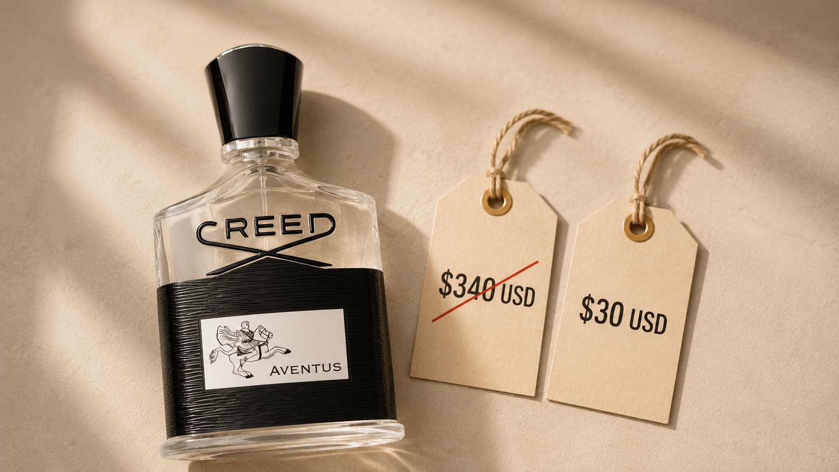 Creed Aventus perfume bottle next to a suspiciously discounted price tag, a common warning sign of a fake perfume
