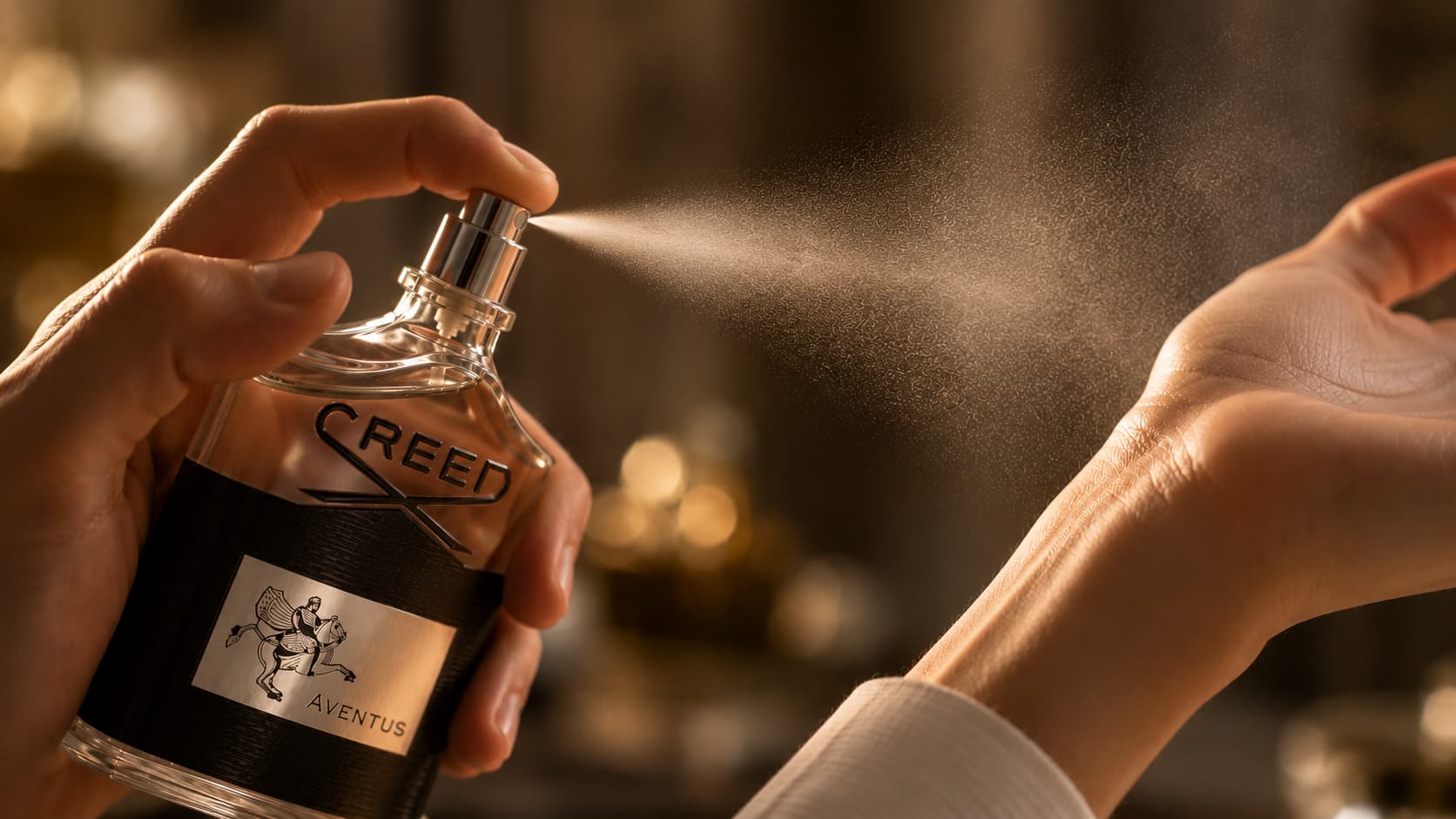 Creed Aventus perfume being sprayed onto a wrist