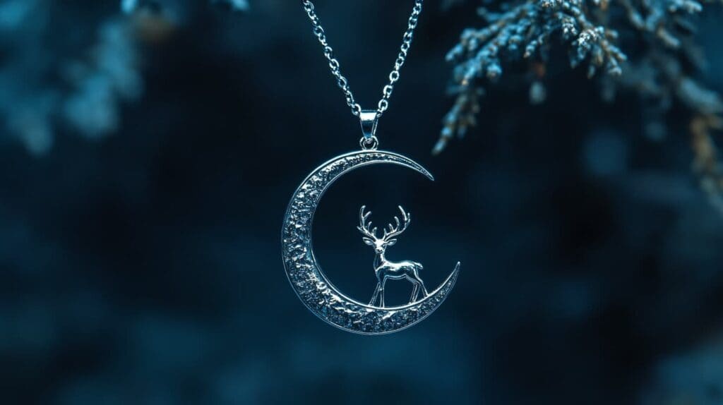 Silver necklace with a deer standing inside a crescent moon, blending nature and celestial symbolism in a minimalist design.