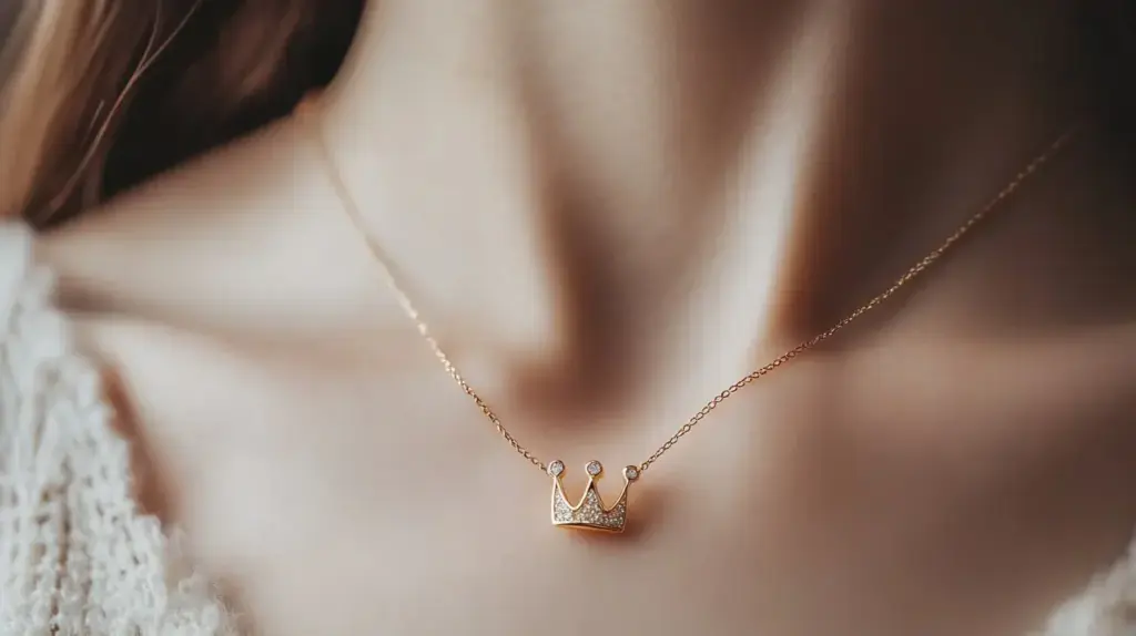 Close-up of a crown necklace with diamond accents, symbolizing personal strength and elegance.
