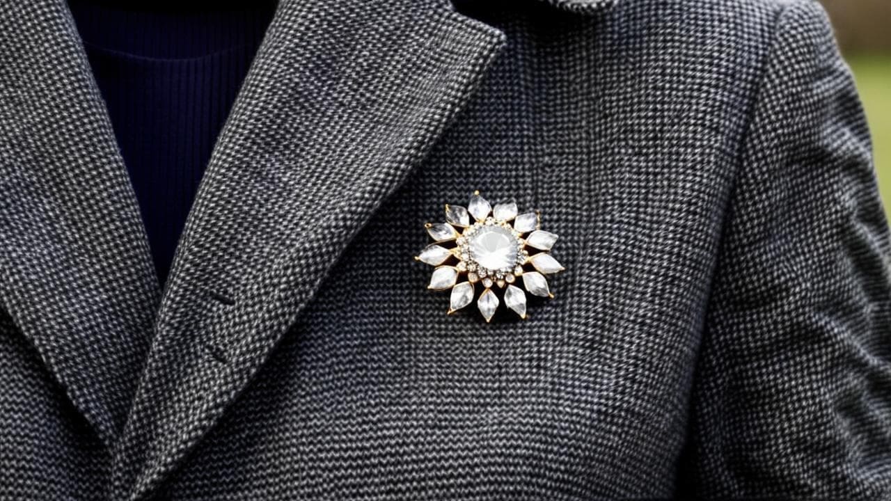 Crystal starburst brooch pinned to the lapel of a grey tweed coat