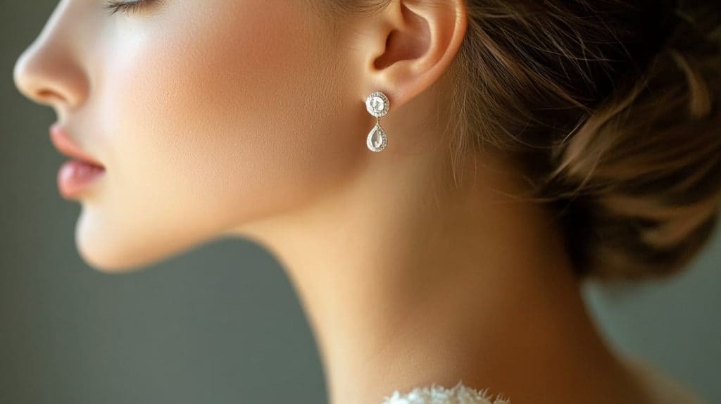 Side profile of a woman wearing medium-length crystal drop earrings, measuring about 30mm in total length, showcasing an elegant yet practical size for formal occasions.