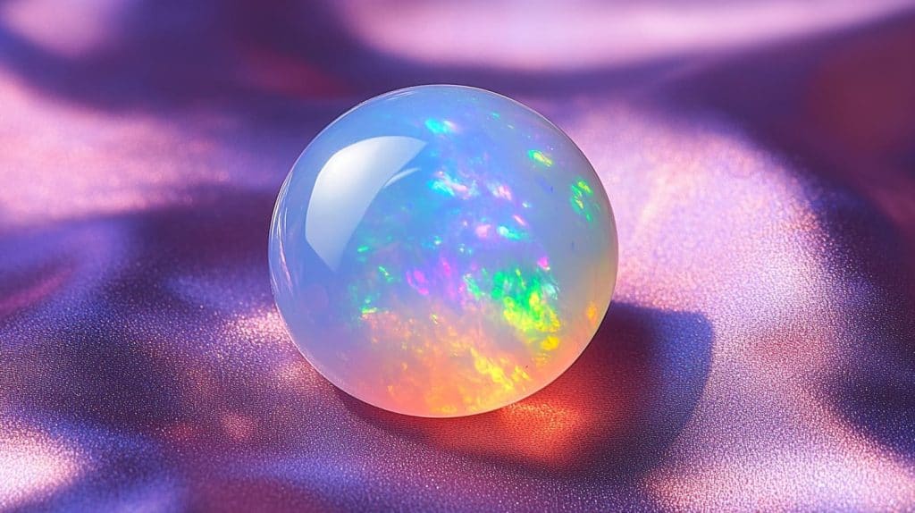 A stunning crystal opal with a translucent body and vivid rainbow play-of-color, resting on a soft purple background, representing October's birthstone.