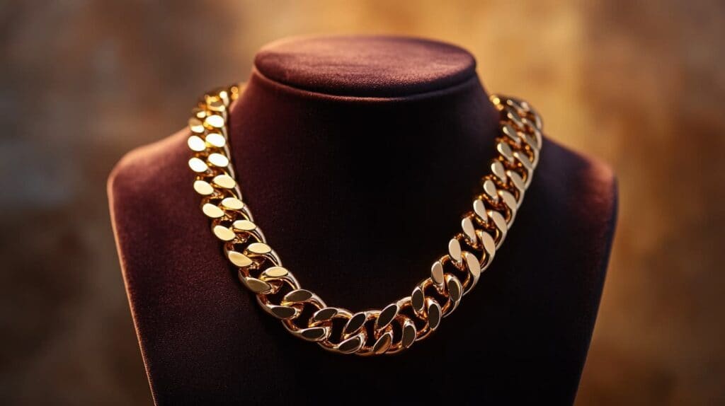 High-quality Cuban link gold chain necklace displayed on a velvet stand, crafted from 18K gold, combining durability, versatility, and investment-grade value.