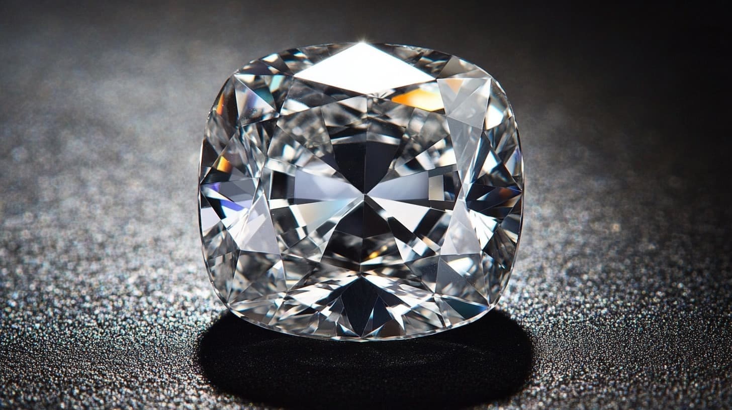 Large cushion-cut cubic zirconia sparkling on a glittery dark surface