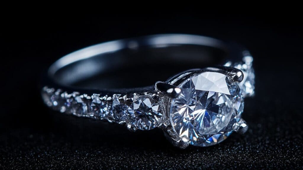 Stunning cubic zirconia engagement ring in a silver setting, featuring a large central stone surrounded by smaller stones.