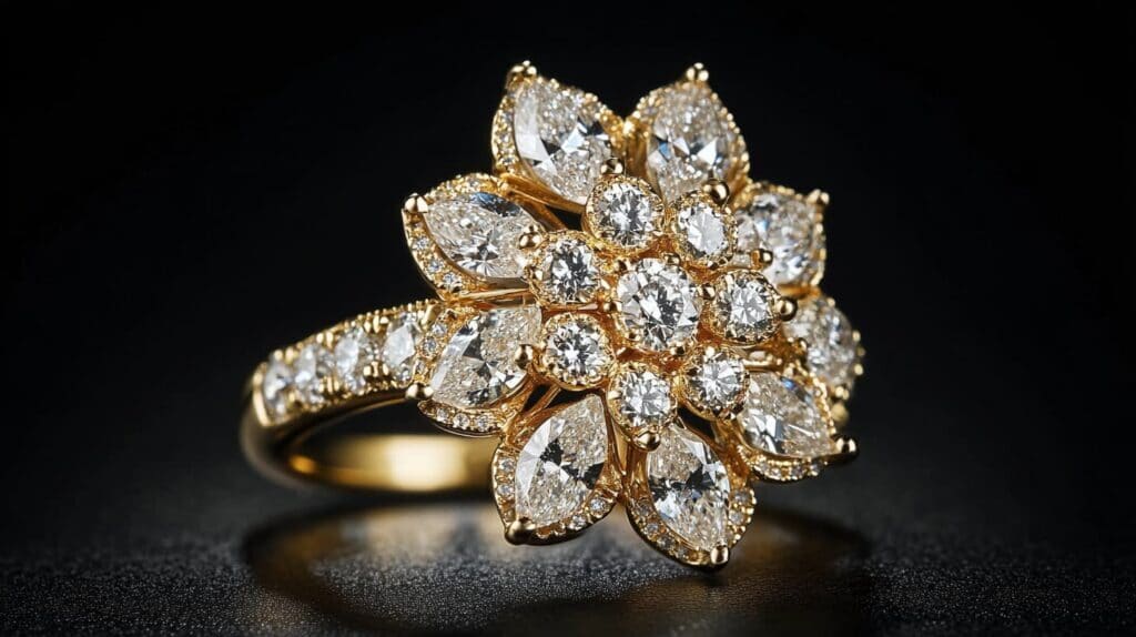 Luxurious floral design ring with multiple cubic zirconia stones set in gold, offering exceptional sparkle and elegance.