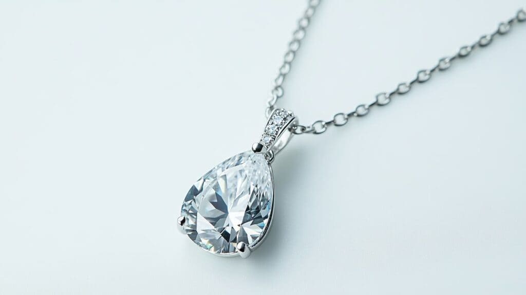 Elegant teardrop cubic zirconia pendant on a silver chain, featuring flawless clarity and brilliant sparkle.